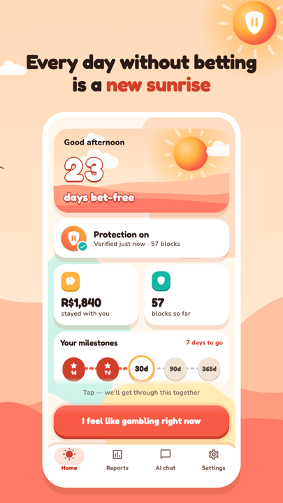 StopAposta app home screen, showing days without betting and active protection